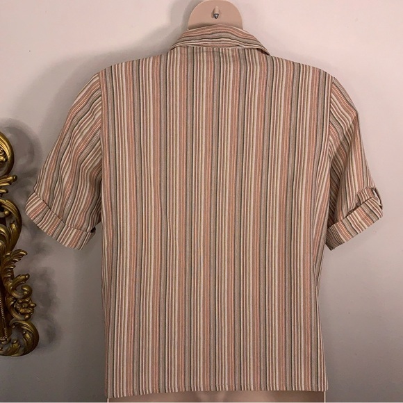 Vintage Large Blair Orange Striped Button Up Top Cuffed Short Sleeve Stretch - Picture 10 of 16